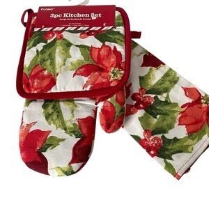 Flomo Red Poinsettia 3-Piece Kitchen Linen Set NWT